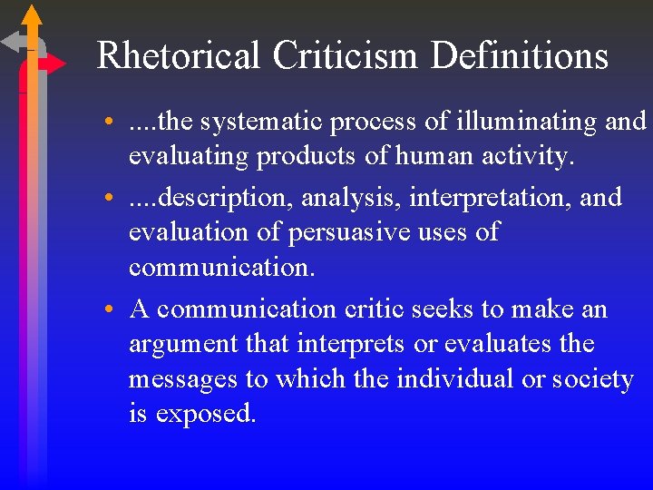 Rhetorical Criticism Definitions • . . the systematic process of illuminating and evaluating products