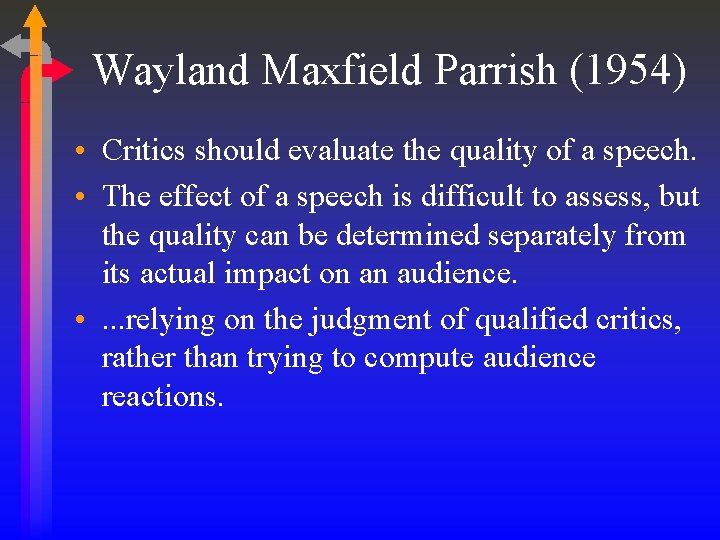 Wayland Maxfield Parrish (1954) • Critics should evaluate the quality of a speech. •