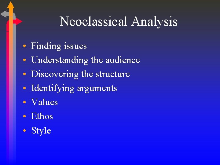 Neoclassical Analysis • • Finding issues Understanding the audience Discovering the structure Identifying arguments