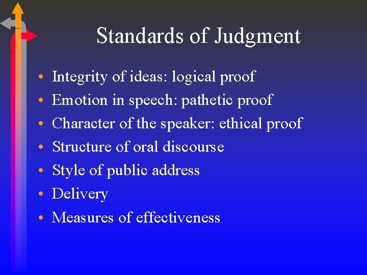 Standards of Judgment • • Integrity of ideas: logical proof Emotion in speech: pathetic