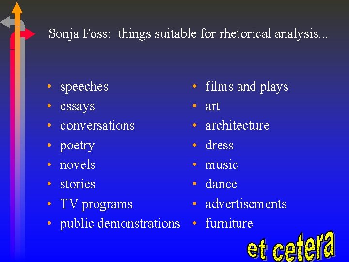 Sonja Foss: things suitable for rhetorical analysis. . . • • speeches essays conversations