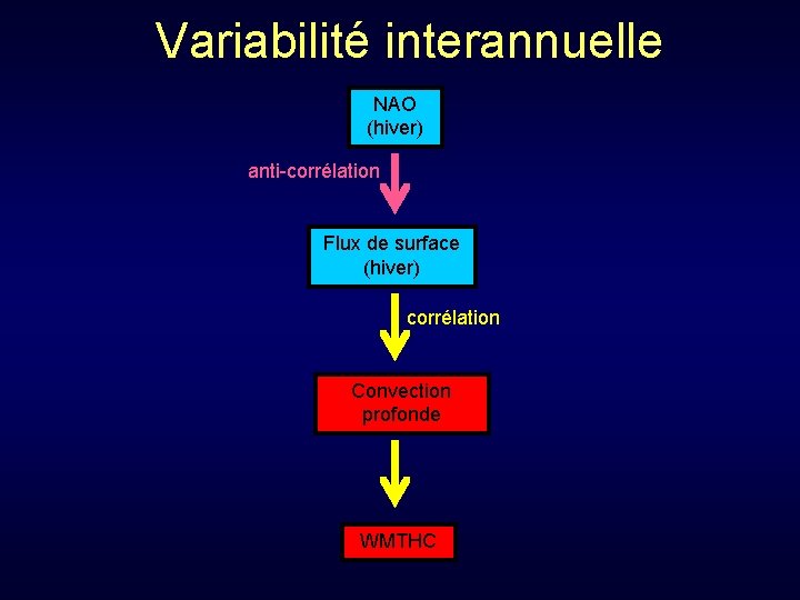 Variabilité interannuelle NAO (hiver) anti-corrélation Flux de surface (hiver) corrélation Convection profonde WMTHC 