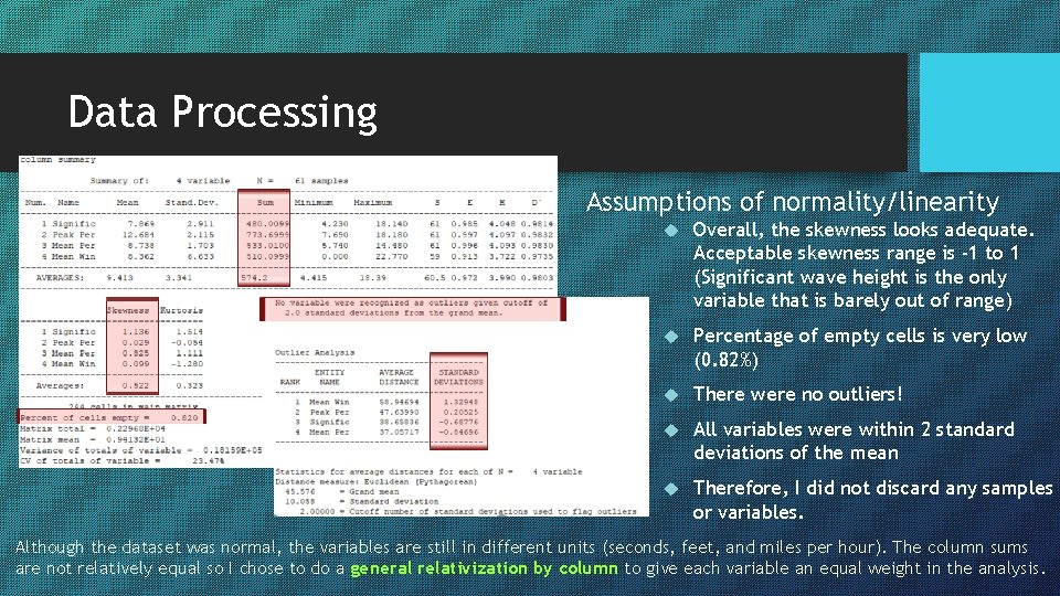 Data Processing Assumptions of normality/linearity Overall, the skewness looks adequate. Acceptable skewness range is