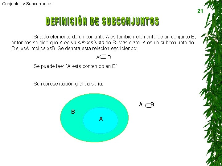 Conjuntos y Subconjuntos 21 Si todo elemento de un conjunto A es también elemento