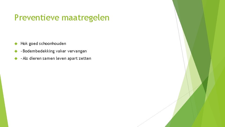 Preventieve maatregelen Hok goed schoonhouden - Bodembedekking vaker vervangen - Als dieren samen leven