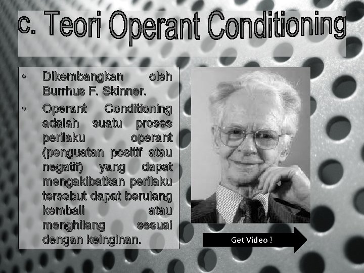  • • Dikembangkan oleh Burrhus F. Skinner. Operant Conditioning adalah suatu proses perilaku