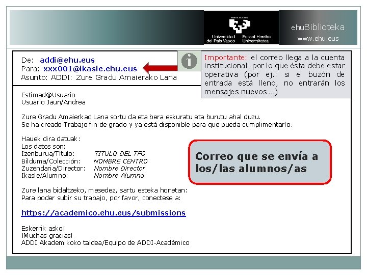 ehu. Biblioteka www. ehu. eus De: addi@ehu. eus Para: xxx 001@ikasle. ehu. eus Asunto:
