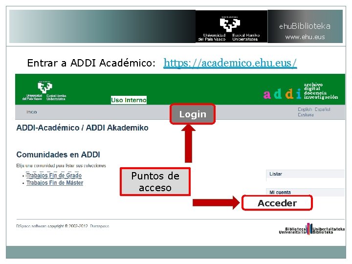 ehu. Biblioteka www. ehu. eus Entrar a ADDI Académico: https: //academico. ehu. eus/ Login