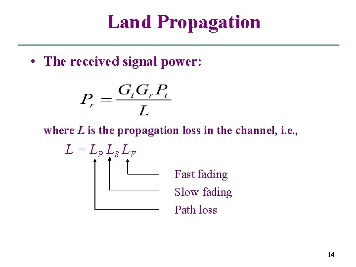 Land Propagation • The received signal power: where L is the propagation loss in