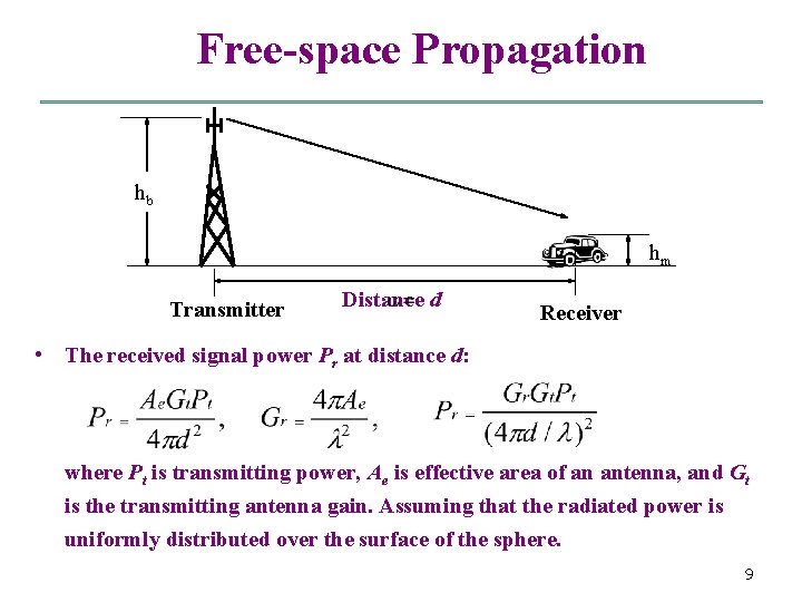Free-space Propagation hb hm Transmitter Distance d Receiver • The received signal power Pr