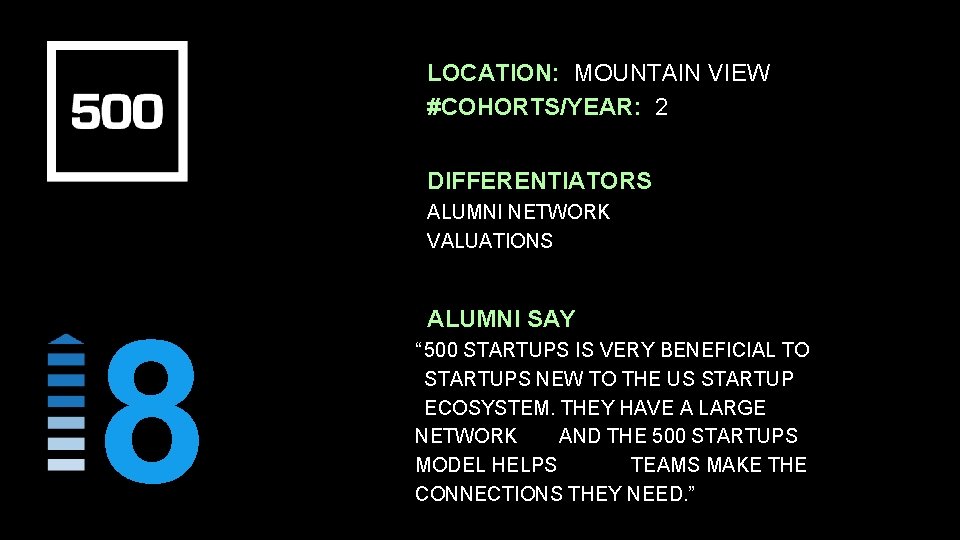 LOCATION: MOUNTAIN VIEW #COHORTS/YEAR: 2 DIFFERENTIATORS ALUMNI NETWORK VALUATIONS 8 ALUMNI SAY “ 500