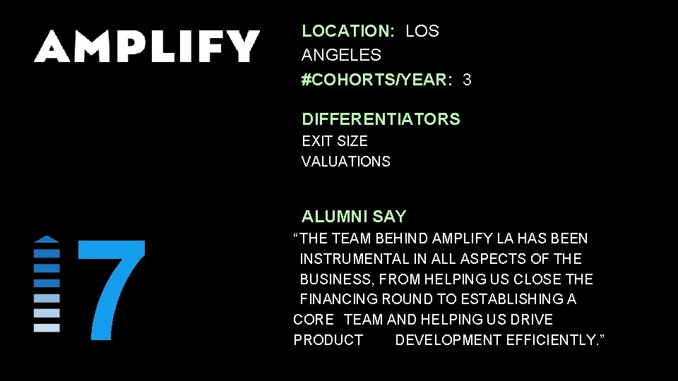 LOCATION: LOS ANGELES #COHORTS/YEAR: 3 DIFFERENTIATORS EXIT SIZE VALUATIONS 7 ALUMNI SAY “ THE