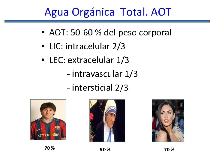 Agua Orgánica Total. AOT • AOT: 50 -60 % del peso corporal • LIC: