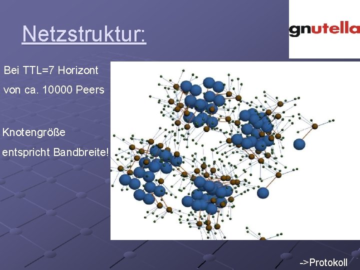 Netzstruktur: Bei TTL=7 Horizont von ca. 10000 Peers Knotengröße entspricht Bandbreite! ->Protokoll 