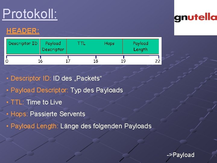 Protokoll: HEADER: • Descriptor ID: ID des „Packets“ • Payload Descriptor: Typ des Payloads