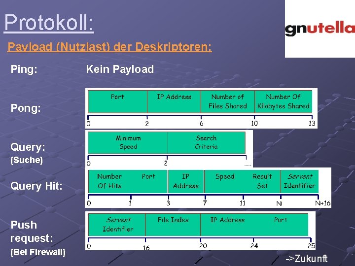 Protokoll: Payload (Nutzlast) der Deskriptoren: Ping: Kein Payload Pong: Query: (Suche) Query Hit: Push