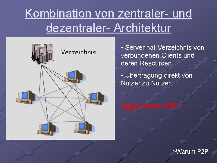 Kombination von zentraler- und dezentraler- Architektur • Server hat Verzeichnis von verbundenen Clients und
