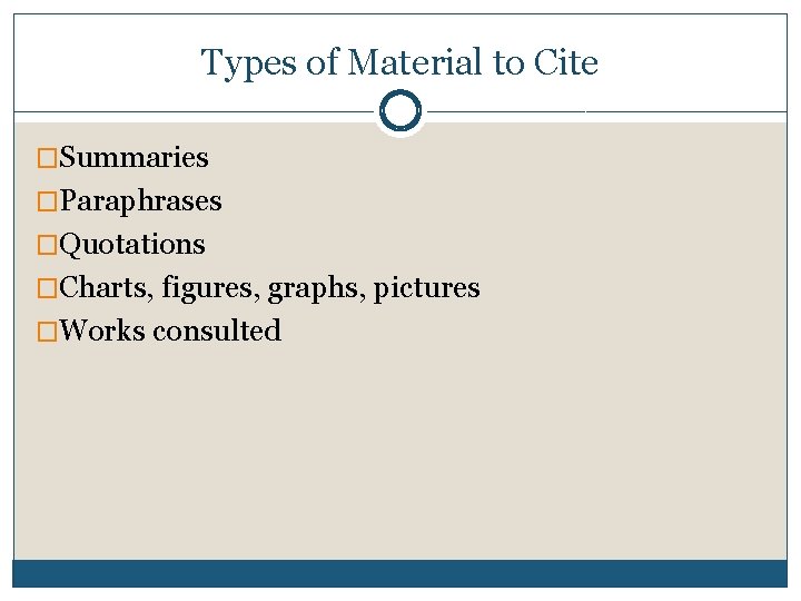 Types of Material to Cite �Summaries �Paraphrases �Quotations �Charts, figures, graphs, pictures �Works consulted