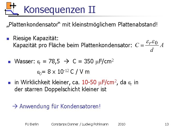 Konsequenzen II „Plattenkondensator“ mit kleinstmöglichem Plattenabstand! n n Riesige Kapazität: Kapazität pro Fläche beim