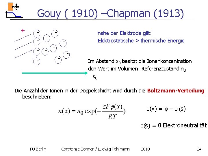 Gouy ( 1910) –Chapman (1913) + - - - nahe der Elektrode gilt: Elektrostatische Gouy ( 1910) –Chapman (1913) + - - - nahe der Elektrode gilt: Elektrostatische
