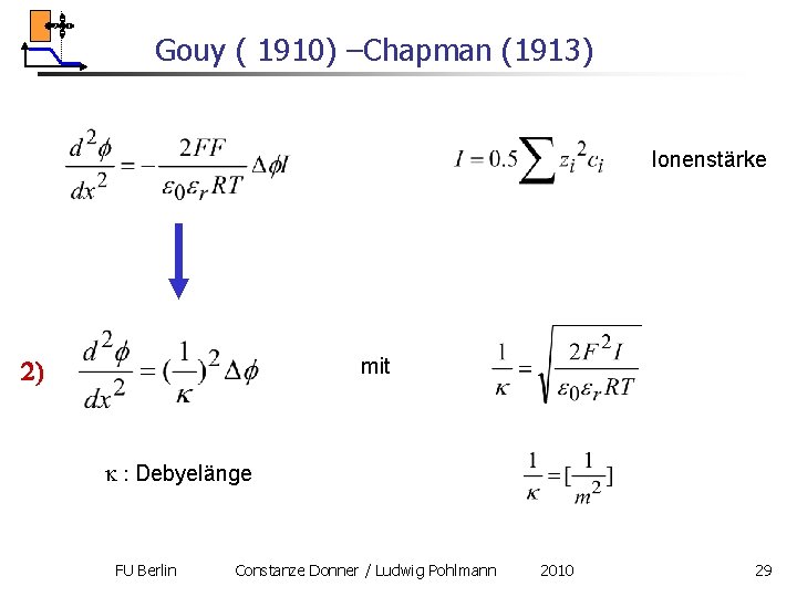 Gouy ( 1910) –Chapman (1913) Ionenstärke 2) mit k : Debyelänge FU Berlin Constanze Gouy ( 1910) –Chapman (1913) Ionenstärke 2) mit k : Debyelänge FU Berlin Constanze