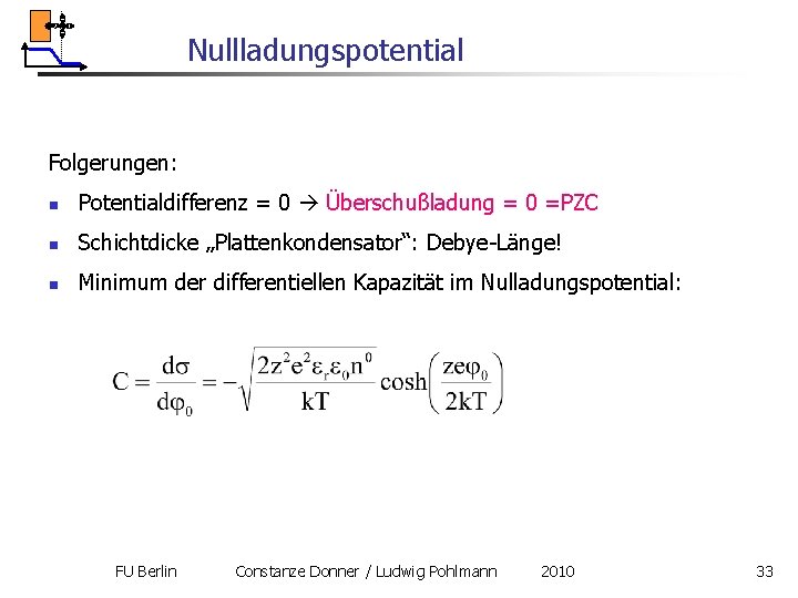 Nullladungspotential Folgerungen: n Potentialdifferenz = 0 Überschußladung = 0 =PZC n Schichtdicke „Plattenkondensator“: Debye-Länge! Nullladungspotential Folgerungen: n Potentialdifferenz = 0 Überschußladung = 0 =PZC n Schichtdicke „Plattenkondensator“: Debye-Länge!