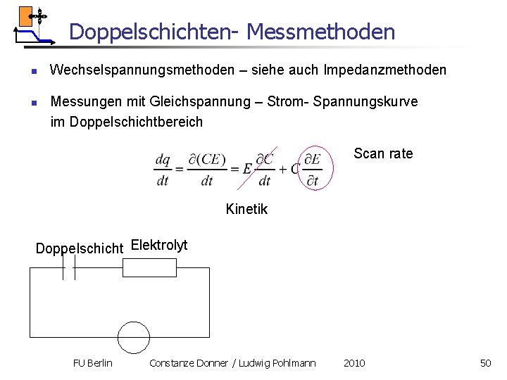 Doppelschichten- Messmethoden n n Wechselspannungsmethoden – siehe auch Impedanzmethoden Messungen mit Gleichspannung – Strom-