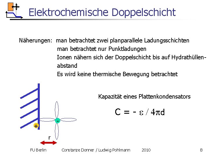 Elektrochemische Doppelschicht Näherungen: man betrachtet zwei planparallele Ladungsschichten man betrachtet nur Punktladungen Ionen nähern Elektrochemische Doppelschicht Näherungen: man betrachtet zwei planparallele Ladungsschichten man betrachtet nur Punktladungen Ionen nähern