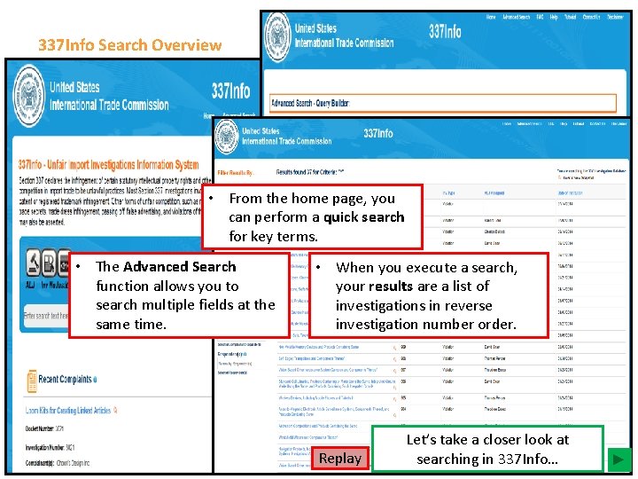 337 Info Search Overview • From the home page, you can perform a quick