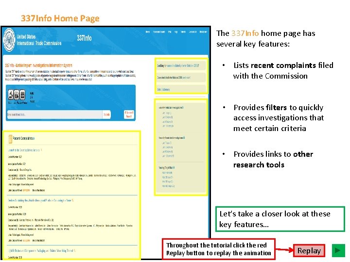 337 Info Home Page The 337 Info home page has several key features: •