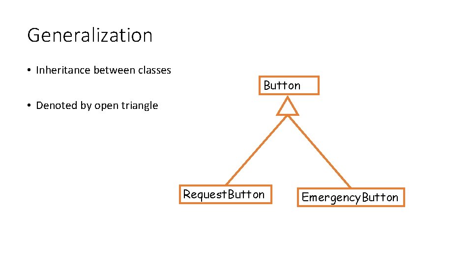 Generalization • Inheritance between classes Button • Denoted by open triangle Request. Button Emergency. Generalization • Inheritance between classes Button • Denoted by open triangle Request. Button Emergency.