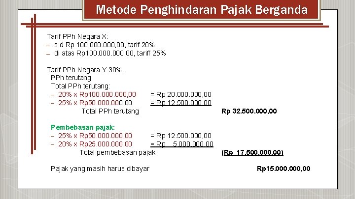 Metode Penghindaran Pajak Berganda Tarif PPh Negara X: – s. d Rp 100. 000,