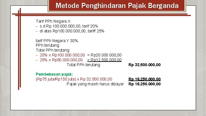 Metode Penghindaran Pajak Berganda Tarif PPh Negara X: s. d Rp 100. 000, tarif