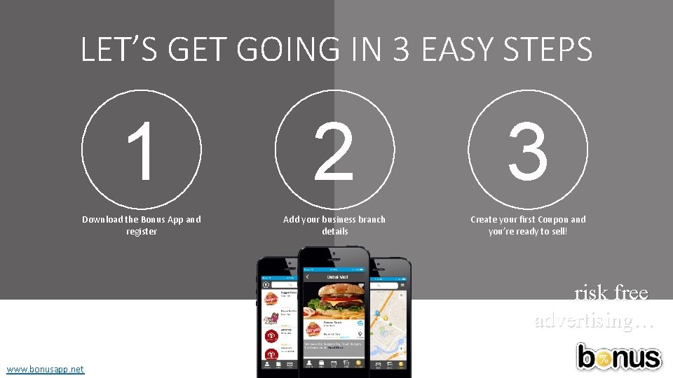 LET’S GET GOING IN 3 EASY STEPS 1 2 3 Download the Bonus App