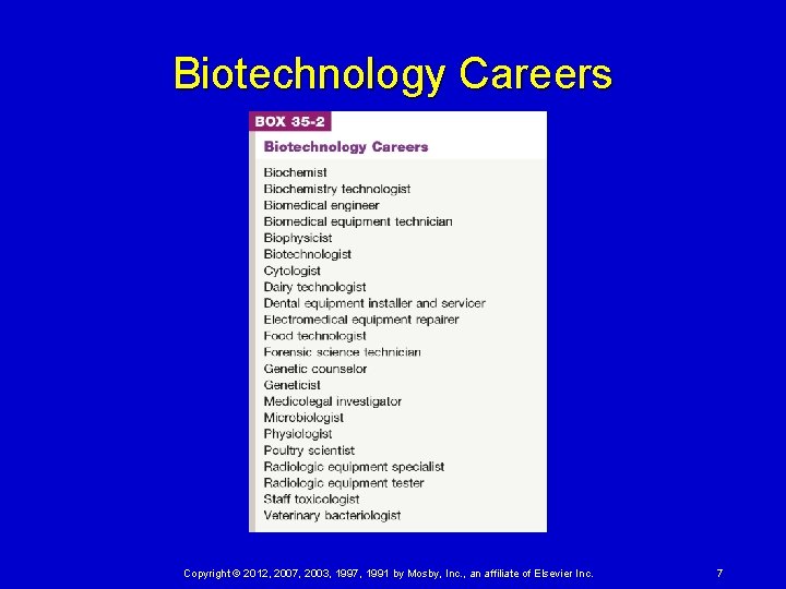 Biotechnology Careers Copyright © 2012, 2007, 2003, 1997, 1991 by Mosby, Inc. , an