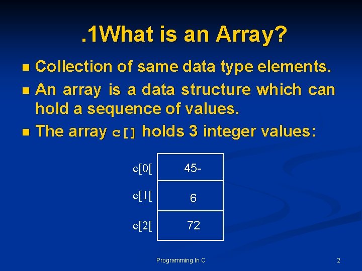 . 1 What is an Array? Collection of same data type elements. n An . 1 What is an Array? Collection of same data type elements. n An