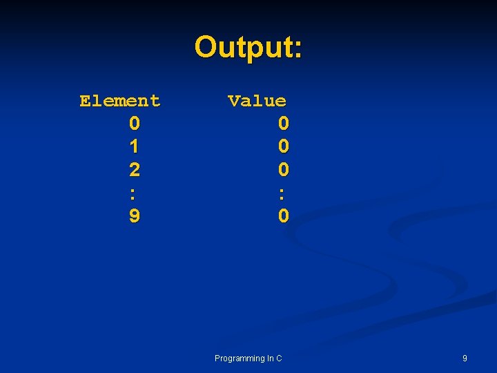 Output: Element 0 1 2 : 9 Value 0 0 0 : 0 Programming Output: Element 0 1 2 : 9 Value 0 0 0 : 0 Programming