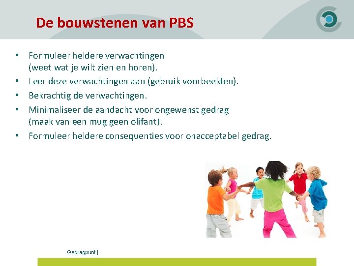 De bouwstenen van PBS • Formuleer heldere verwachtingen (weet wat je wilt zien en