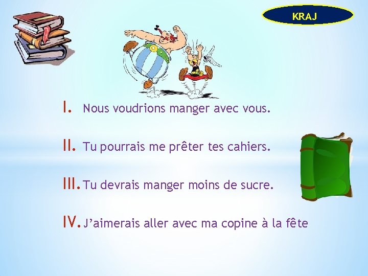 KRAJ I. Nous voudrions manger avec vous. II. Tu pourrais me prêter tes cahiers.