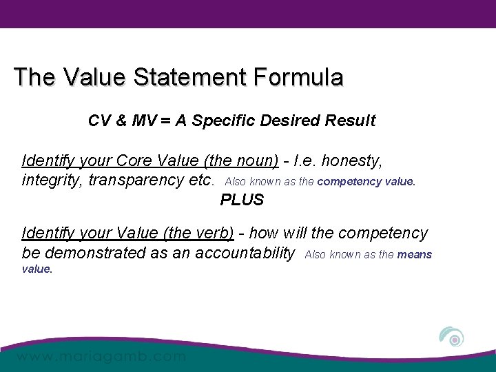 The Value Statement Formula CV & MV = A Specific Desired Result Identify your