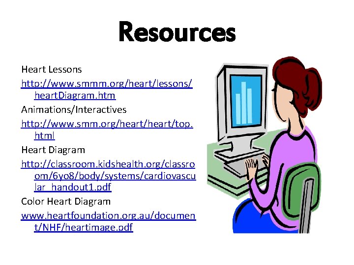 Resources Heart Lessons http: //www. smmm. org/heart/lessons/ heart. Diagram. htm Animations/Interactives http: //www. smm.