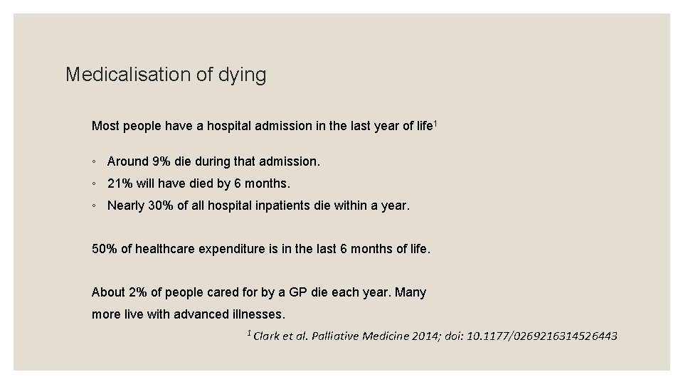 Medicalisation of dying Most people have a hospital admission in the last year of