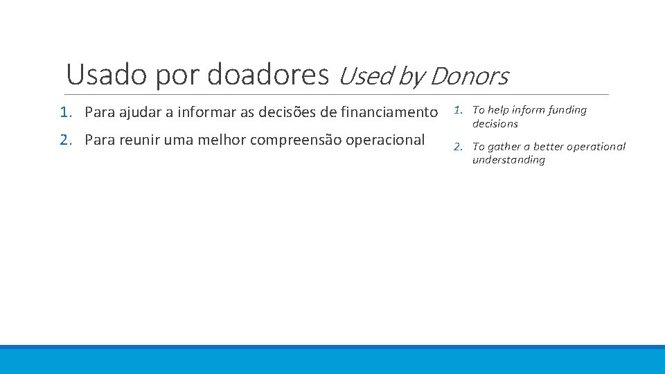 Usado por doadores Used by Donors 1. Para ajudar a informar as decisões de