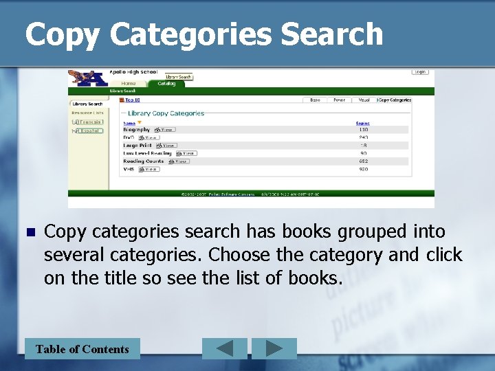 Copy Categories Search n Copy categories search has books grouped into several categories. Choose