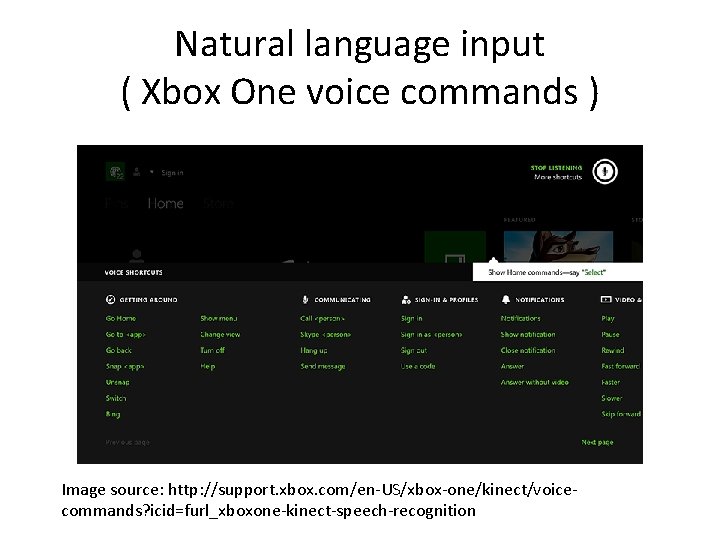 Natural language input ( Xbox One voice commands ) Image source: http: //support. xbox.