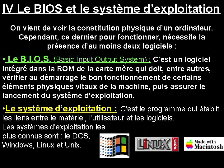 IV Le BIOS et le système d’exploitation On vient de voir la constitution physique