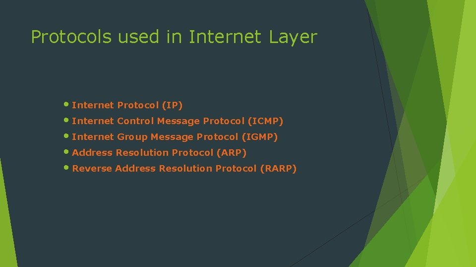 Protocols used in Internet Layer • Internet Protocol (IP) • Internet Control Message Protocol