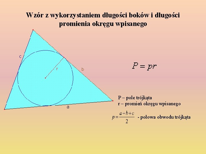 Wzór z wykorzystaniem długości boków i długości promienia okręgu wpisanego P – pole trójkąta