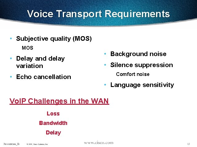 Voice Transport Requirements • Subjective quality (MOS) MOS • Delay and delay variation •