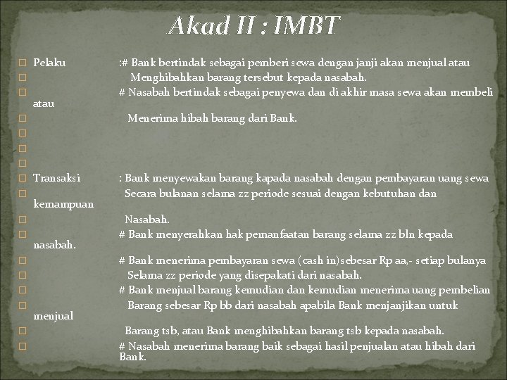 Akad II : IMBT � Pelaku � � atau : # Bank bertindak sebagai